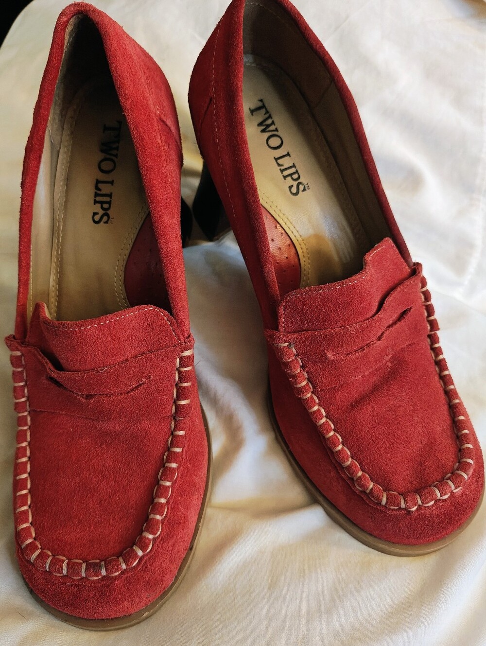 Vintage Two Lips Red Suede Block Heel Loafers - Size 8